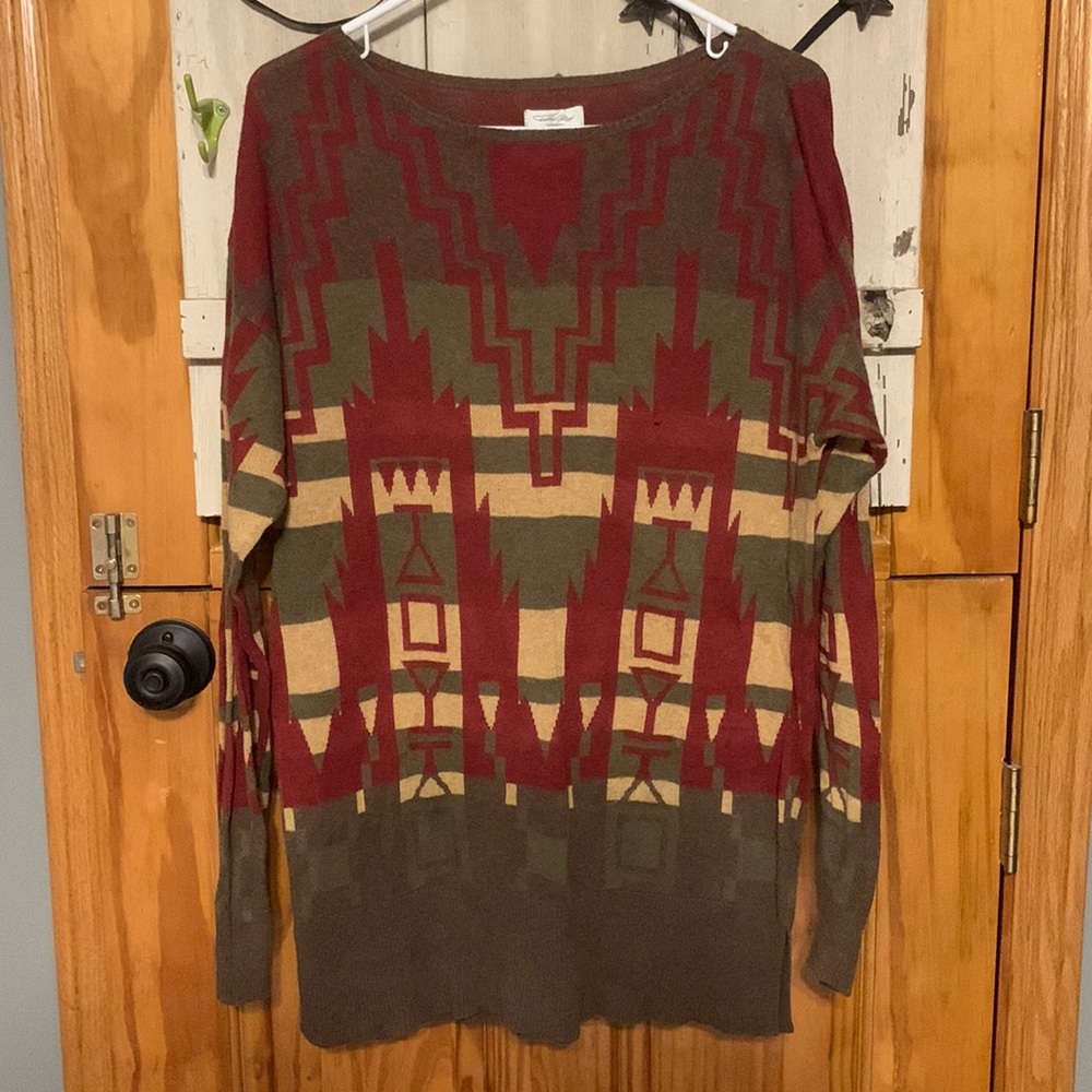 Tasha Polizzi Olive, Burgundy & Tan Tribal Crewneck Sweater